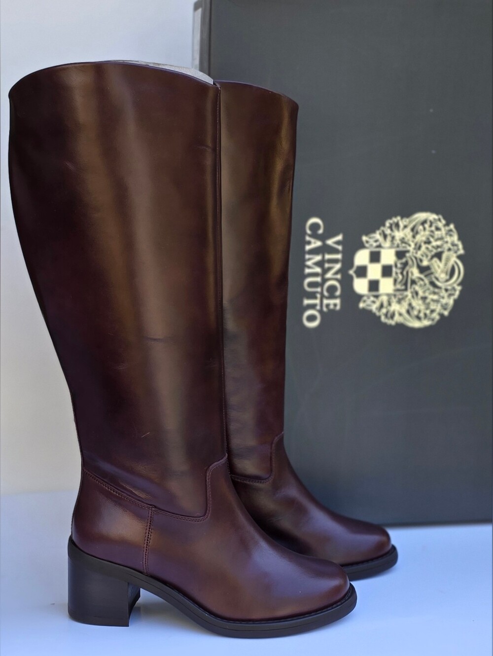 5W Vince Camuto Amree4 Extra Wide Calf Knee High Boots Rich Mahogany Leather